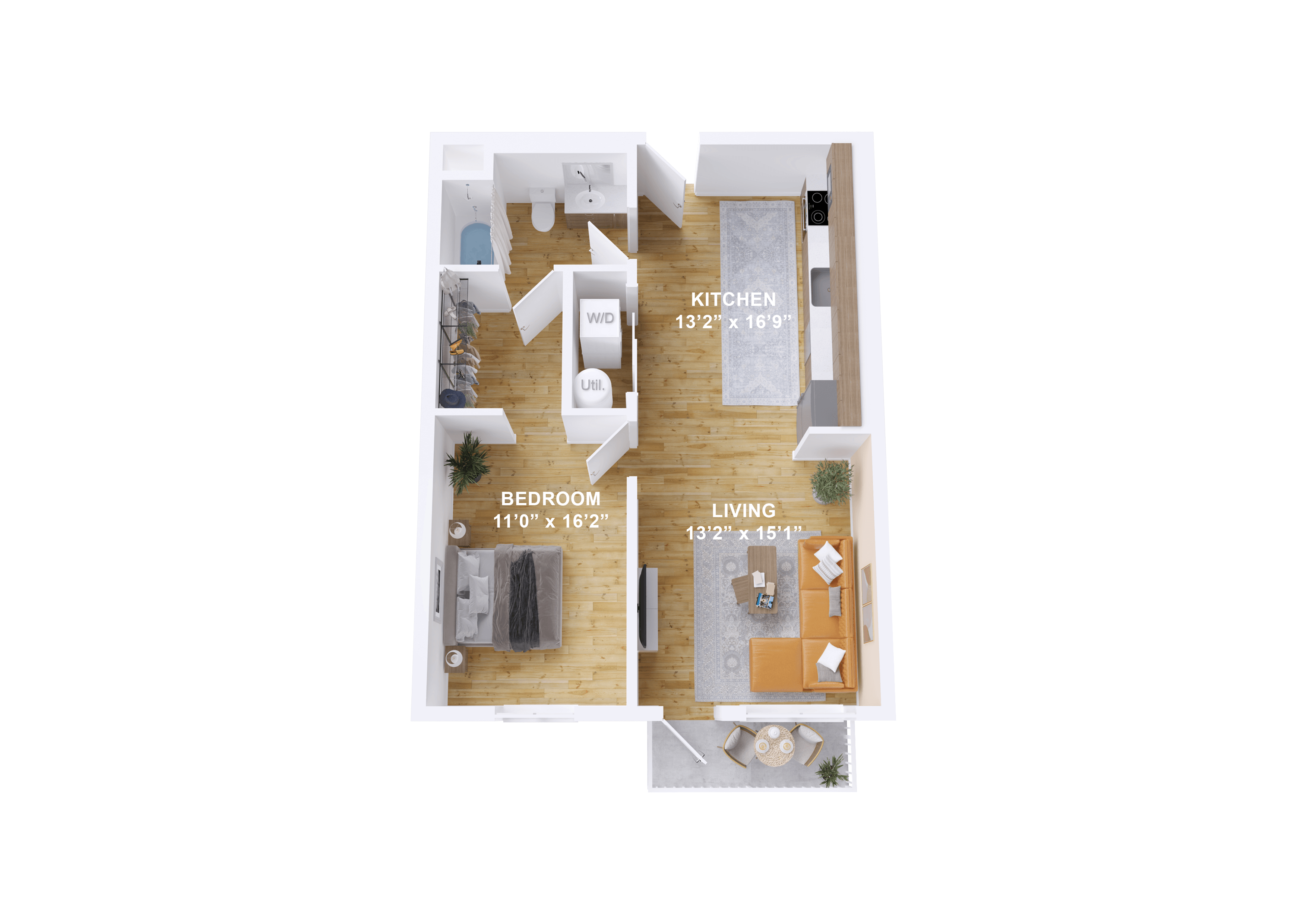 Floor plan for 1 bed, 1 bath, 730 sqft